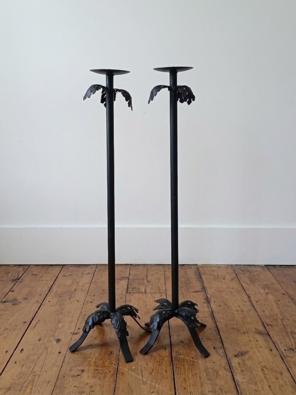 Pair of Vintage Wrought Iron Candlesticks Floor Pillar Candle Holders Palm Tree
